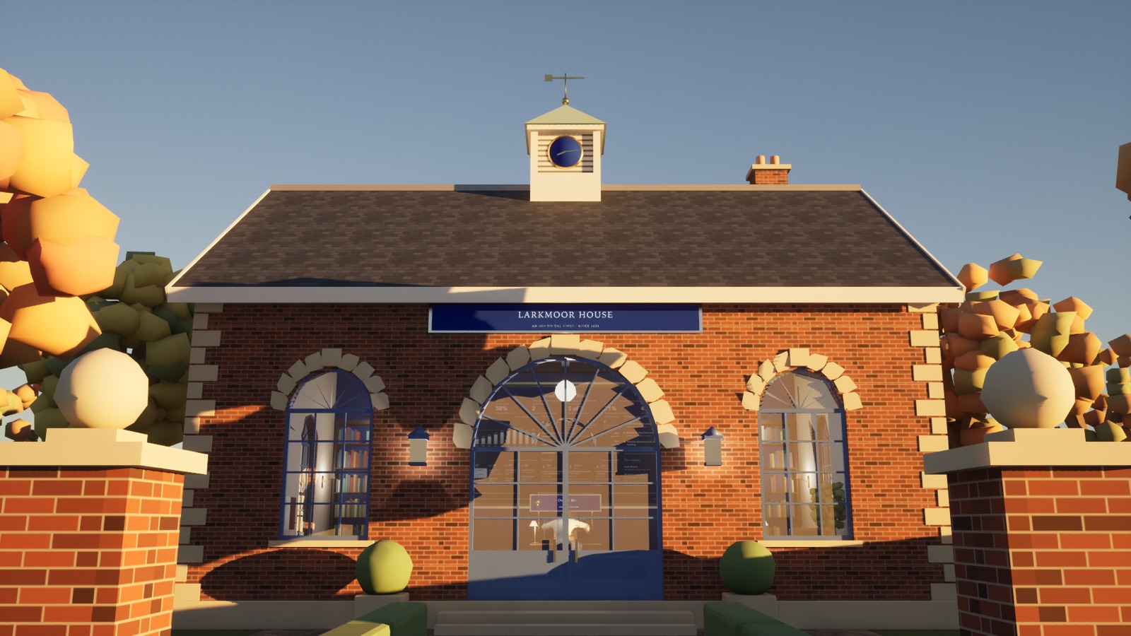 The Carriage House, a small brick building with a clock cupola, its sign reading Larkmoor House, an inn on the river, since 1824