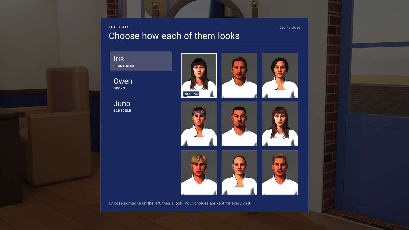 A menu titled Choose how each of them looks, listing Iris, Owen and Juno beside nine portraits to choose from