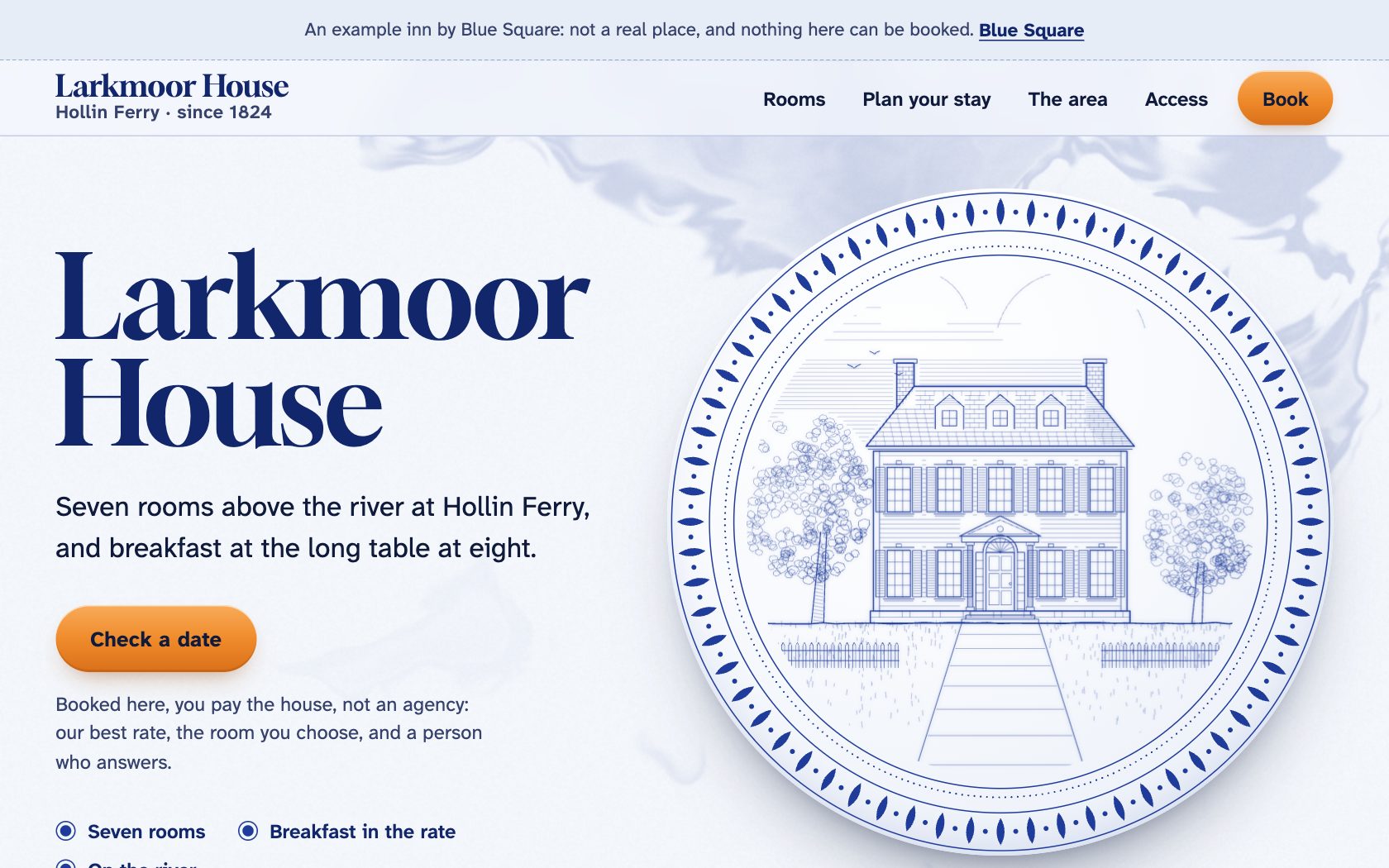 An example website for an invented inn, Larkmoor House: its name set large beside an engraving of the house on a blue-and-white platter, and a button to check a date
